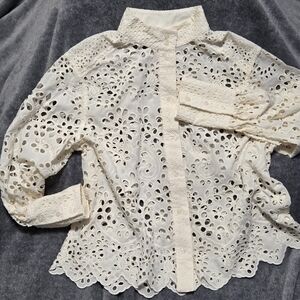 Elegant Cream White Eyelet Lace Blouse